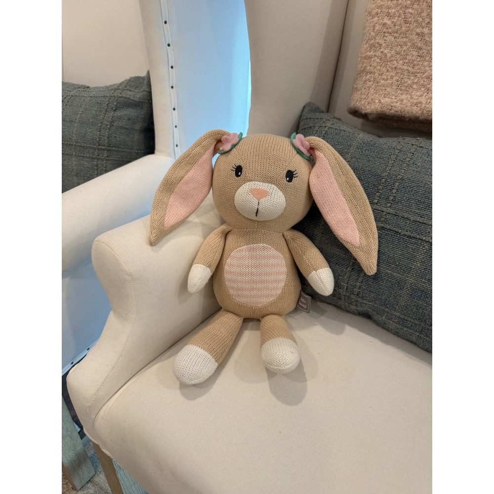Cuddle + Kind Belle Bunny Knit Stuffed Animal Plush Tan Pink Floral Nursery Toy - Picture 2 of 5